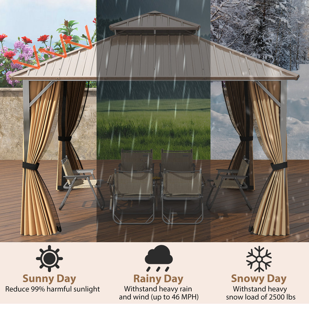 12 x 12 FT hardtop gazebo with waterproof roof and mesh netting, perfect for outdoor patio protection and gatherings.
