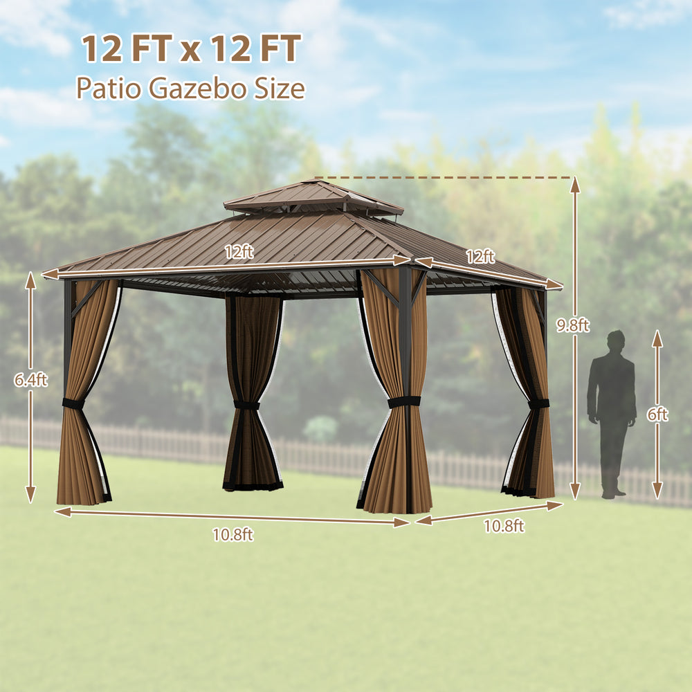 12 x 12 FT hardtop gazebo with waterproof roof and mesh netting, ideal for outdoor patio and garden gatherings.