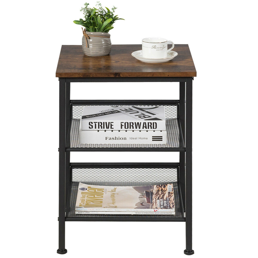 3-tier industrial end table with adjustable mesh shelves, sturdy steel frame, and rustic wood top for versatile storage.