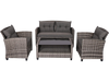 Modern 4-piece patio rattan furniture set in gray with cushioned loveseat and coffee table for outdoor relaxation.