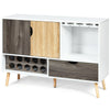 Mid-century buffet sideboard in white and wood finish with wine rack, glass holder, and adjustable shelves for.