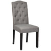 Tufted gray upholstered dining chair with rubberwood legs, ergonomic backrest, and rivet design for modern elegance.