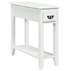 Narrow white 2-tier side table with drawer and lower shelf, made of P2 MDF and rubber wood, ideal for small spaces.