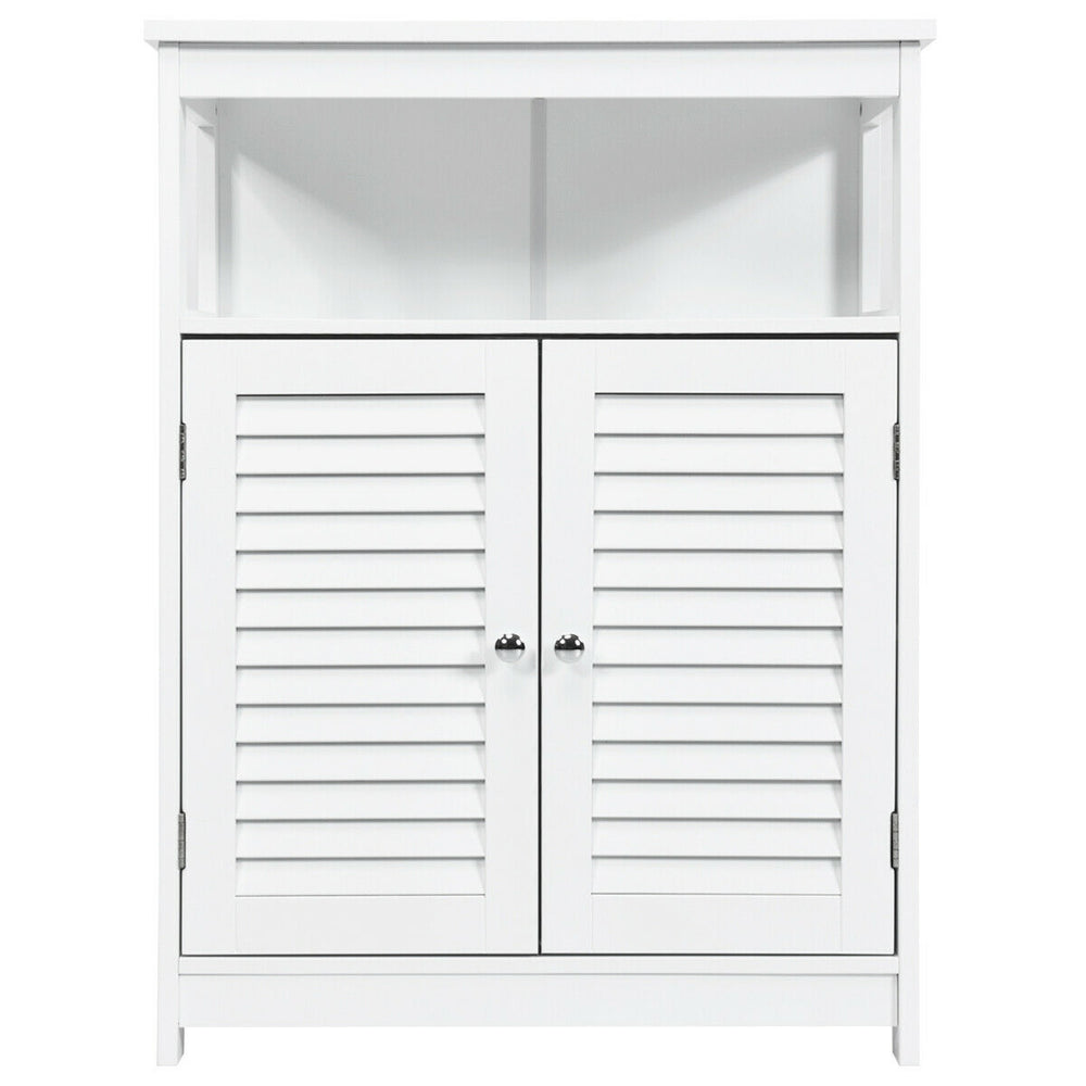 White freestanding bathroom storage cabinet with a sleek design, featuring double shutter doors and an open top shelf.