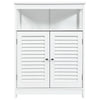 White freestanding bathroom storage cabinet with a sleek design, featuring double shutter doors and an open top shelf.