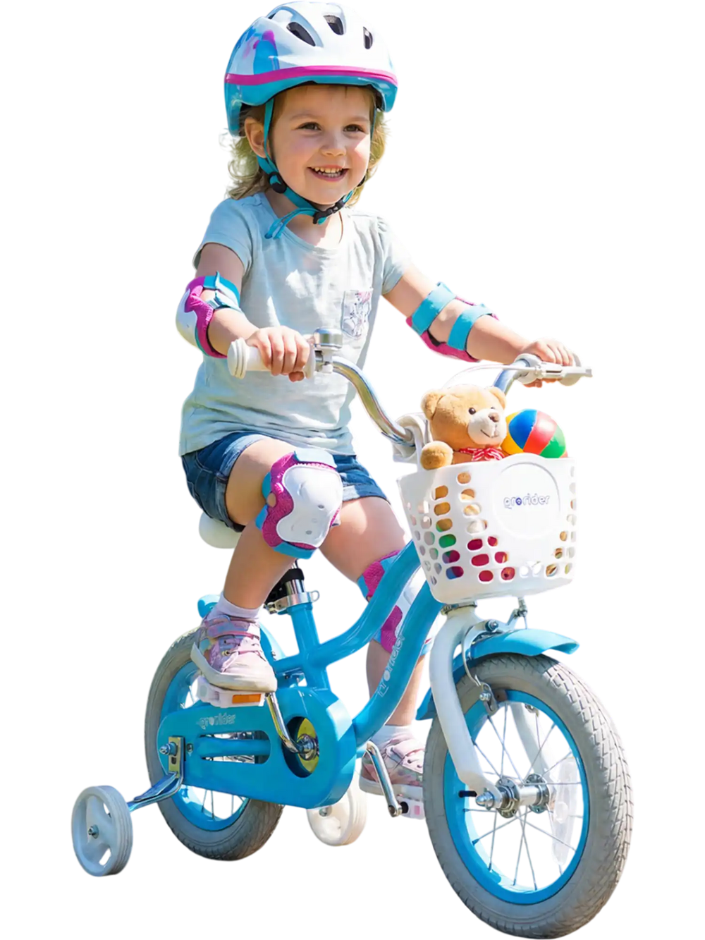 Kids bike with removable storage basket, dual brakes, and adjustable seat for comfortable riding outdoors.