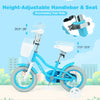 Kids bike with adjustable seat and handlebar, featuring dual brakes and a removable storage basket for fun rides.