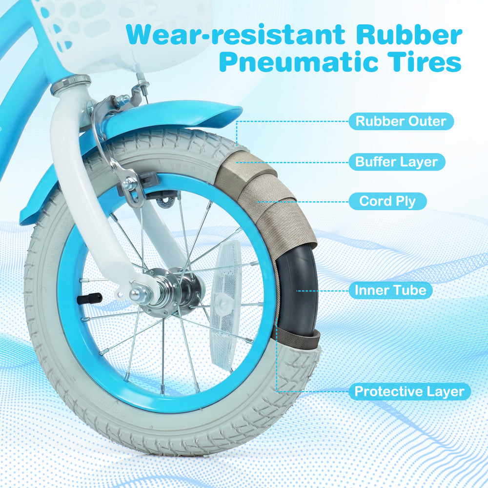 Close-up of the durable pneumatic tire on a 12-inch kids bike, featuring a rubber outer and protective layer for smooth.