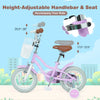 Adjustable kids bike with height-adjustable seat and handlebar, dual brake system, and removable storage basket for fun.