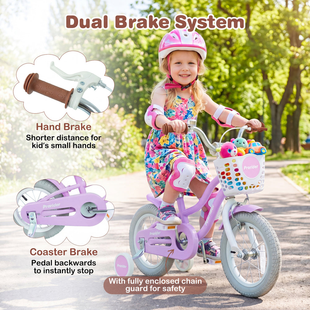 Adjustable 12-inch kids bike featuring a dual brake system, removable basket, and fully enclosed chain guard for safety.