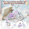 12-inch adjustable kids bike in purple with removable basket, dual brake system, and pre-assembled design for easy.