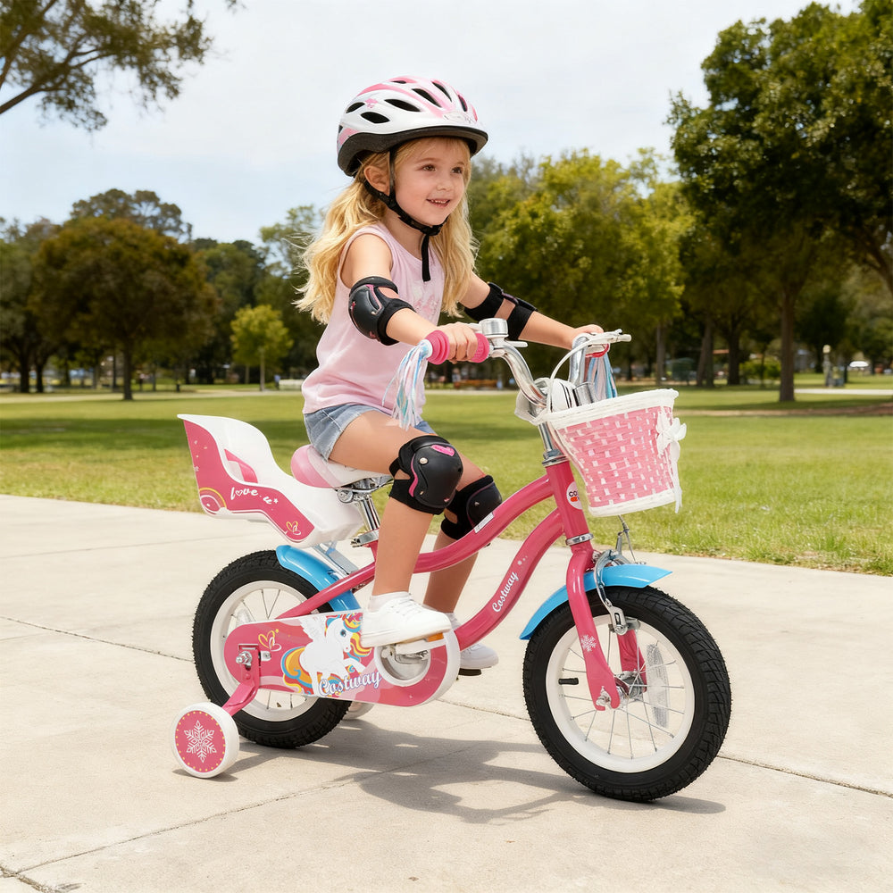 Colorful 12-inch girls bike with doll seat, adjustable handlebars, and training wheels for kids aged 3-8 years old.