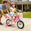 Girls' 12-inch bike with doll seat and basket, featuring adjustable seat and handlebar, perfect for kids aged 3-8.
