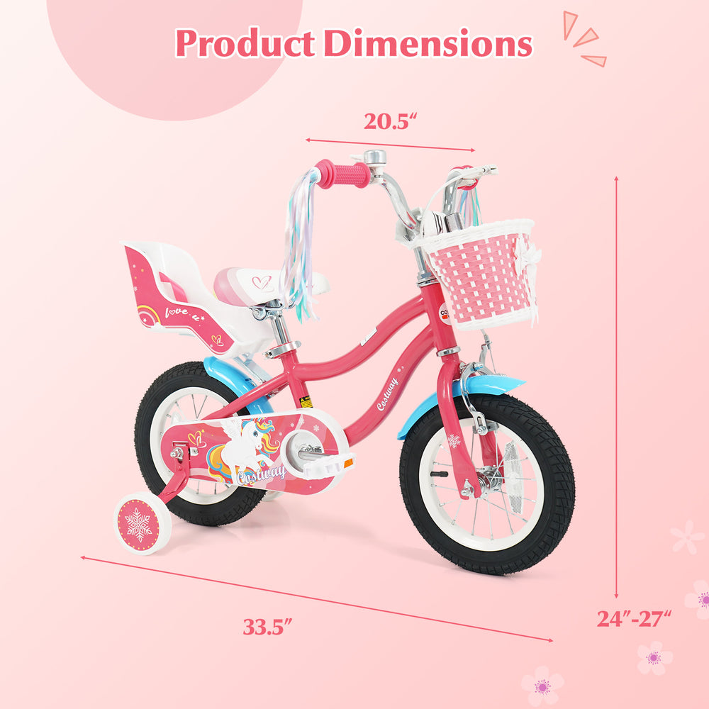 Girls bike with doll seat and basket, 12 inches, adjustable seat and handlebars, perfect for kids aged 3-8 years.