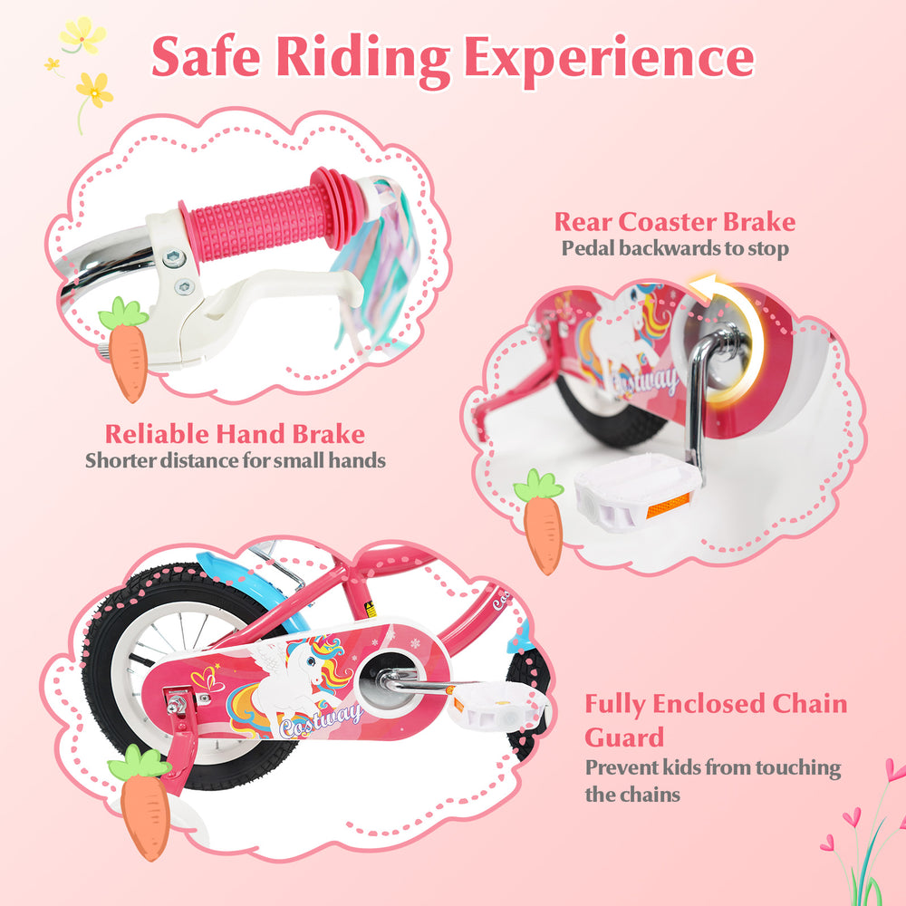 Girls bike with doll seat, front hand brake, and fully enclosed chain guard for safe riding experience for ages 3-8.