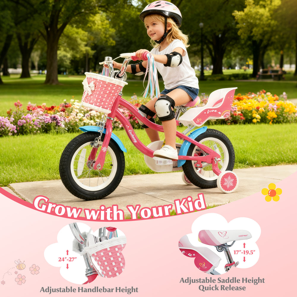 Girls bike with doll seat and basket, adjustable handlebars and saddle height, perfect for kids aged 3-8 years.