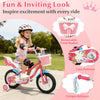 Girls bike with doll seat and basket, 12 inches, designed for ages 3-8, featuring adjustable seat and safe brakes.