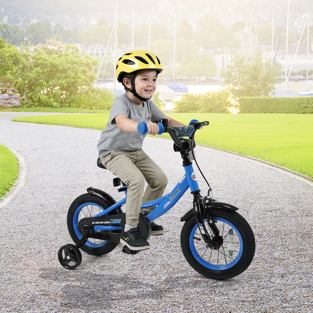 Kids bike with removable training wheels, adjustable seat, and navy blue frame, perfect for ages 3-8 years old.