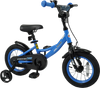 Blue 12-inch kids bike with removable training wheels, adjustable seat, and dual brakes for safe riding.