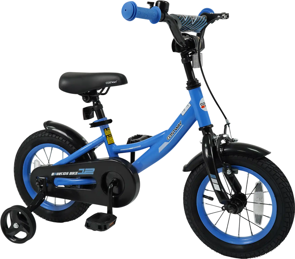 Blue 12-inch kids bike with removable training wheels, adjustable seat, and dual brakes for safe riding.
