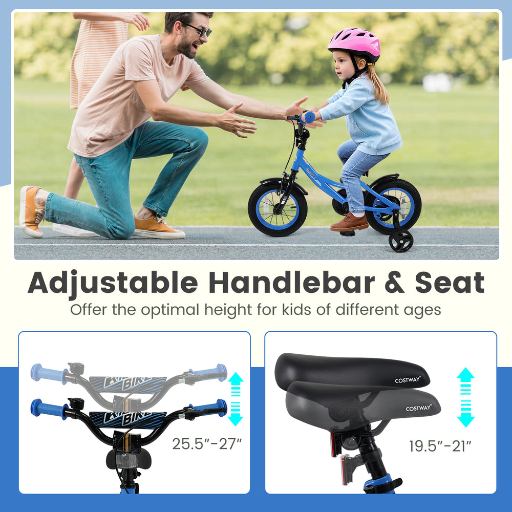 Kids bike with adjustable seat and handlebars, removable training wheels, navy color, ideal for ages 3-8 years.