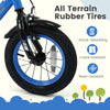 Close-up of the 12-inch kids bike's all-terrain rubber tire, featuring crack-resistant and wear-resistant qualities for.