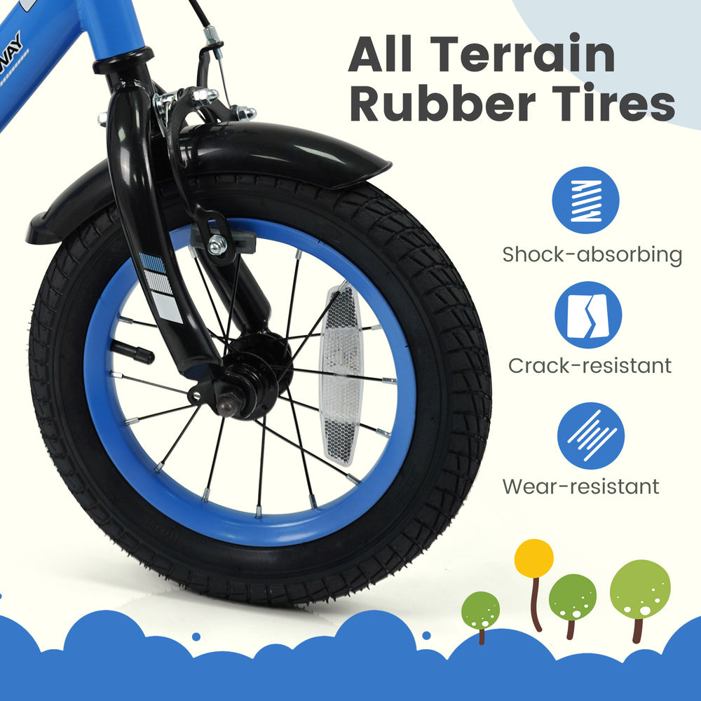 Close-up of the 12-inch kids bike's all-terrain rubber tire, featuring crack-resistant and wear-resistant qualities for.