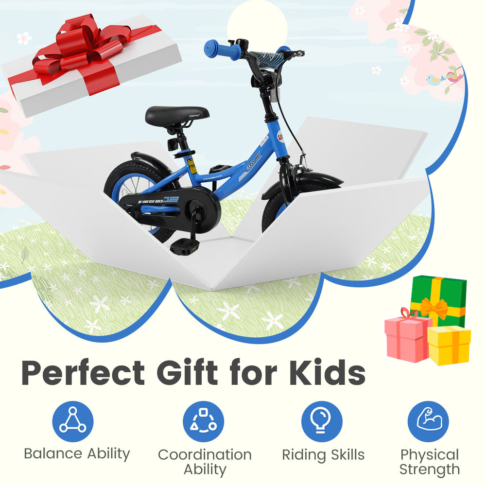 Kids bike with removable training wheels, adjustable seat, and dual brakes for ages 3-8, promoting balance and.