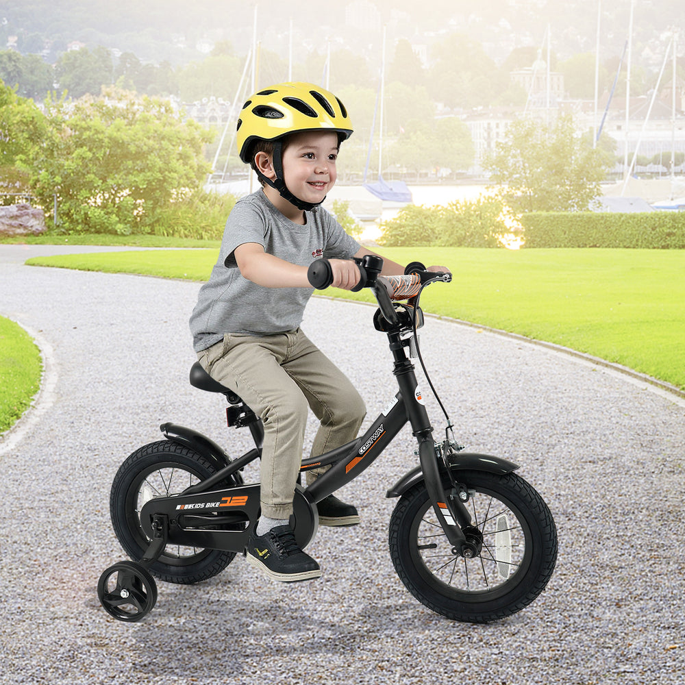 Kids bike with removable training wheels, adjustable seat, and dual brakes, perfect for ages 3-8, shown on a path.