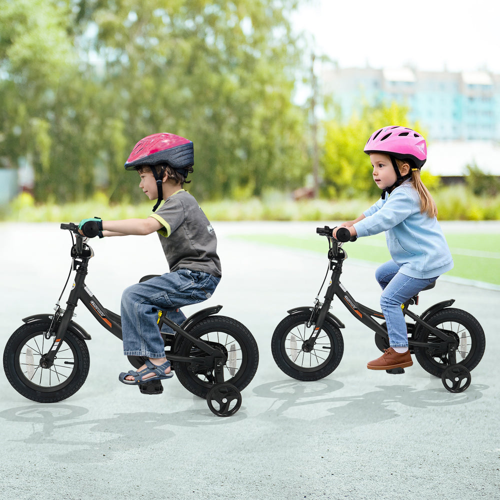 Kids riding 12-inch black bike with removable training wheels, adjustable seat, and safety features for ages 3-8.