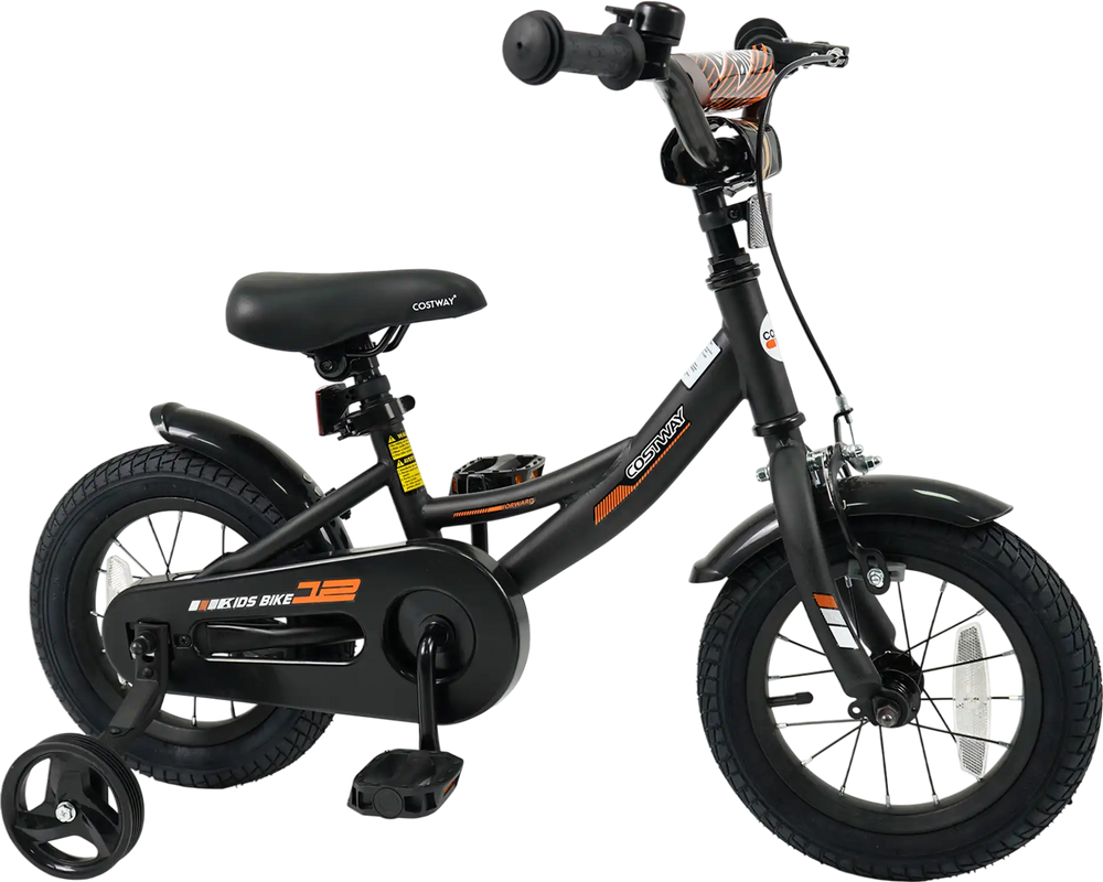 Kids bike with removable training wheels, adjustable seat, and dual brakes, perfect for ages 3-8, in black color.