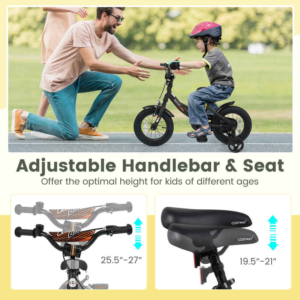 Kids bike with adjustable seat and handlebars, removable training wheels, and dual brakes for ages 3-8, in black.