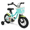 Kids bike with training wheels and basket in green, featuring adjustable saddle, hand brake, and colorful patterns for.