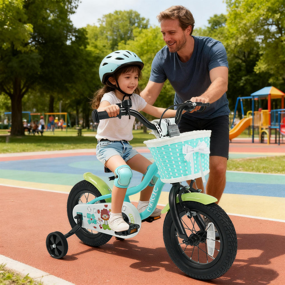 Kids bike in green with training wheels and basket, featuring adjustable height and hand brake for safe riding.