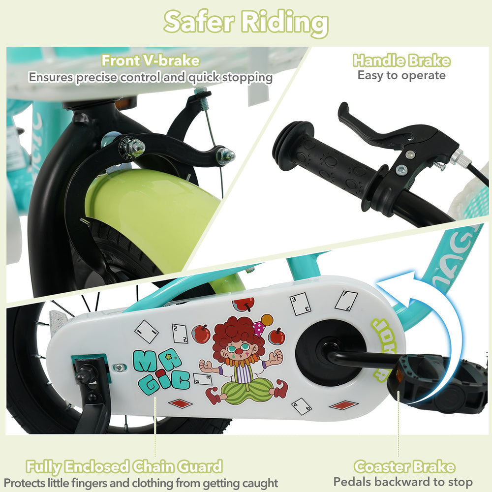 Close-up of the hand brake and fully enclosed chain guard on a green kids bike, ensuring safer riding for children.