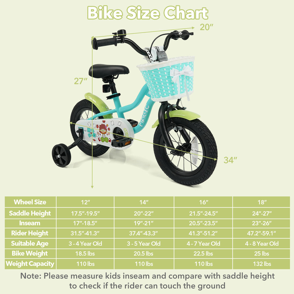 Kids bike size chart showing 12/14/16 inch options, suitable for ages 3-8, with adjustable features and training wheels.