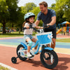 Kids bike in navy color with training wheels and front basket, perfect for learning balance and outdoor fun.