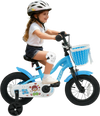 Kids bike in navy color with training wheels, adjustable saddle, and removable basket for fun outdoor rides.