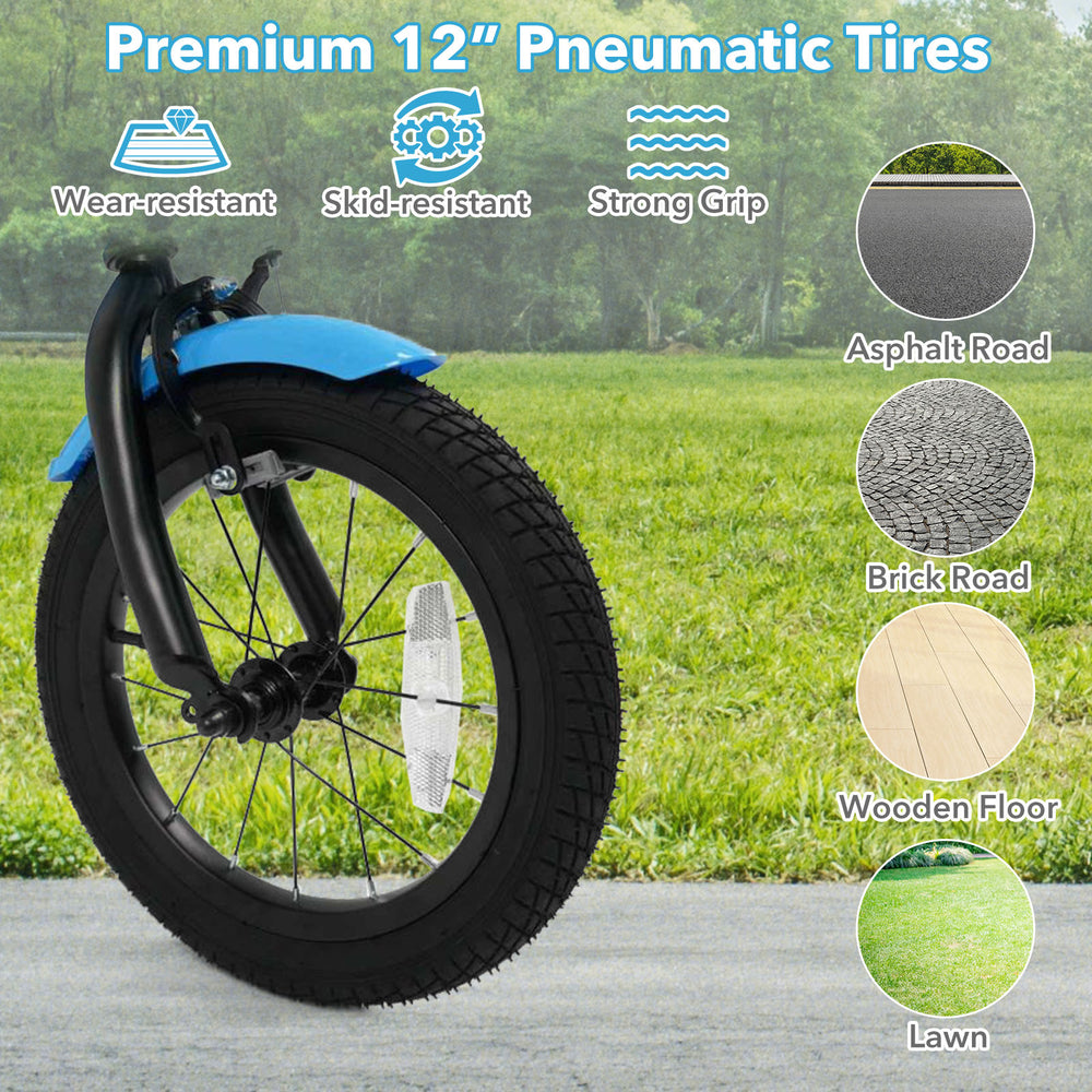 Close-up of the 12-inch pneumatic tire on a navy kids bike, featuring wear-resistant and skid-resistant design for.