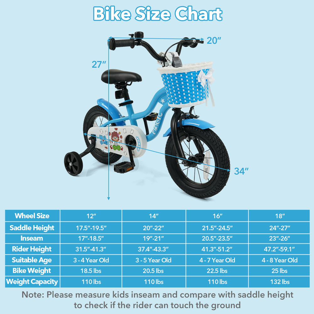 Kids bike size chart showing 12/14/16 inch options, ideal for ages 3-8, with training wheels and adjustable features.