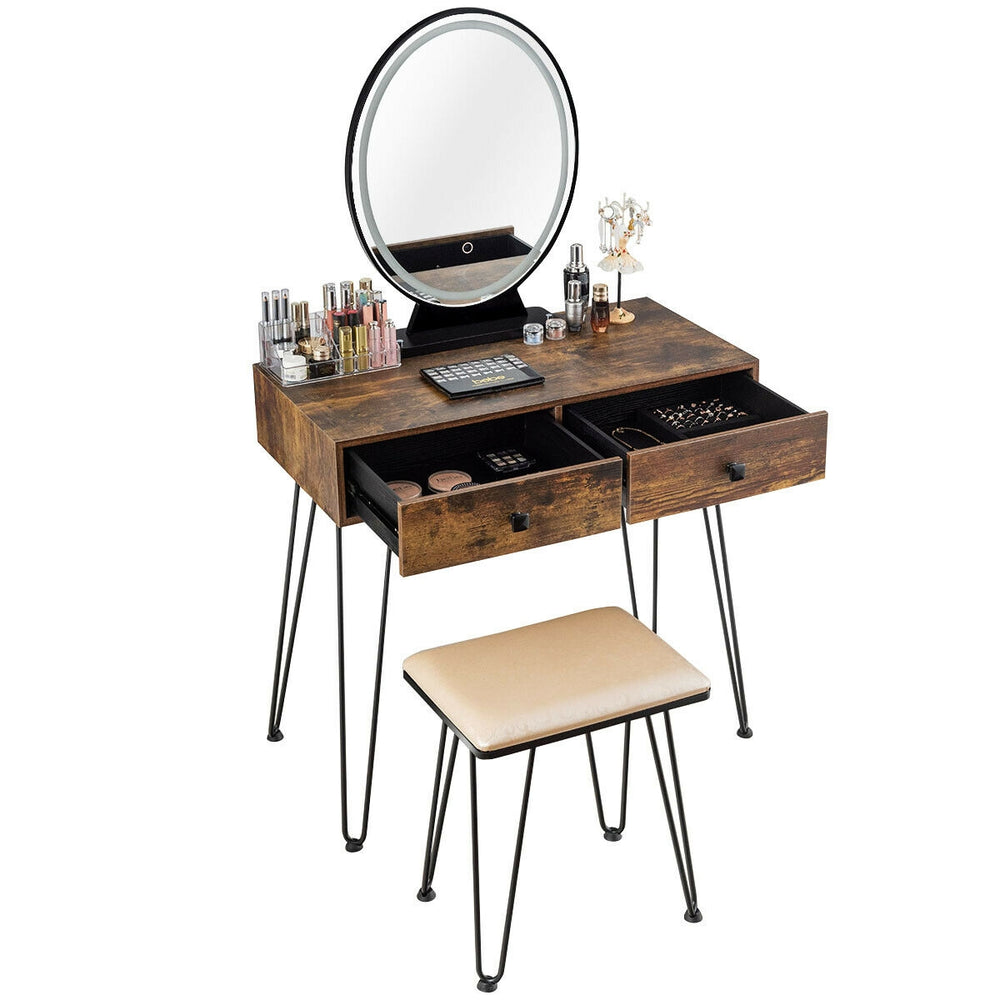 Industrial makeup dressing table in rustic brown with touch screen mirror, two drawers, and matching stool for stylish.