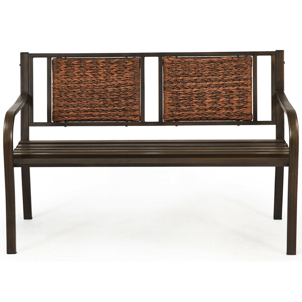 Patio garden bench with powder coated steel frame and PE rattan backrest, perfect for backyard relaxation.