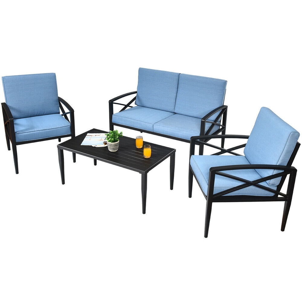 4-piece patio furniture set with aluminum frame and blue cushions, including loveseat, 2 single sofas, and side table.