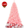 Full view of a 7.5 feet pink hinged artificial Christmas tree with presents, perfect for festive decorations.