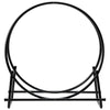 30-inch tubular steel log hoop firewood storage rack with black powder-coated finish for indoor and outdoor use.