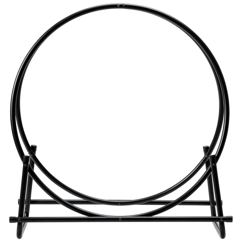 30-inch tubular steel log hoop firewood storage rack with black powder-coated finish for indoor and outdoor use.