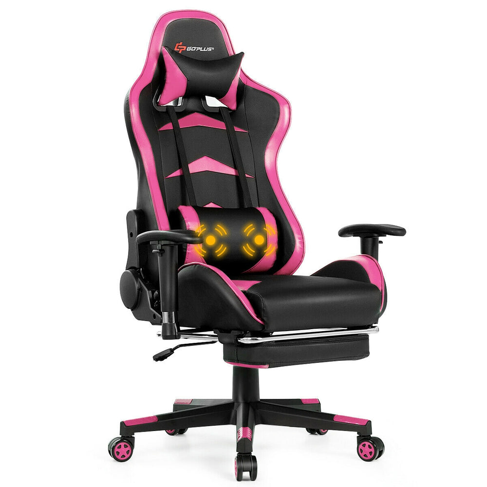 Massage gaming chair in pink with adjustable footrest and armrests, designed for comfort during gaming and relaxation.