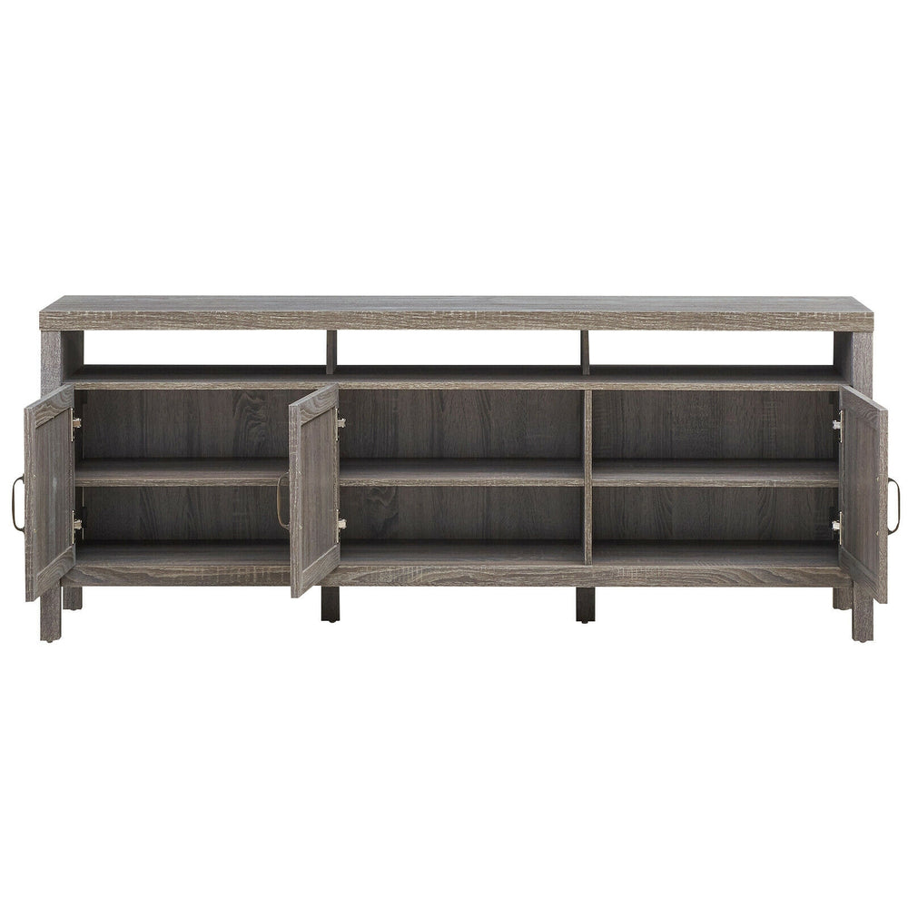 Gray Universal TV stand with open shelf and three cabinets for storage, accommodating TVs up to 65 inches.