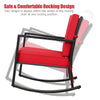 Red patio rattan rocking chair with thick cushions, featuring a sturdy metal frame and safe rocking design for outdoor.