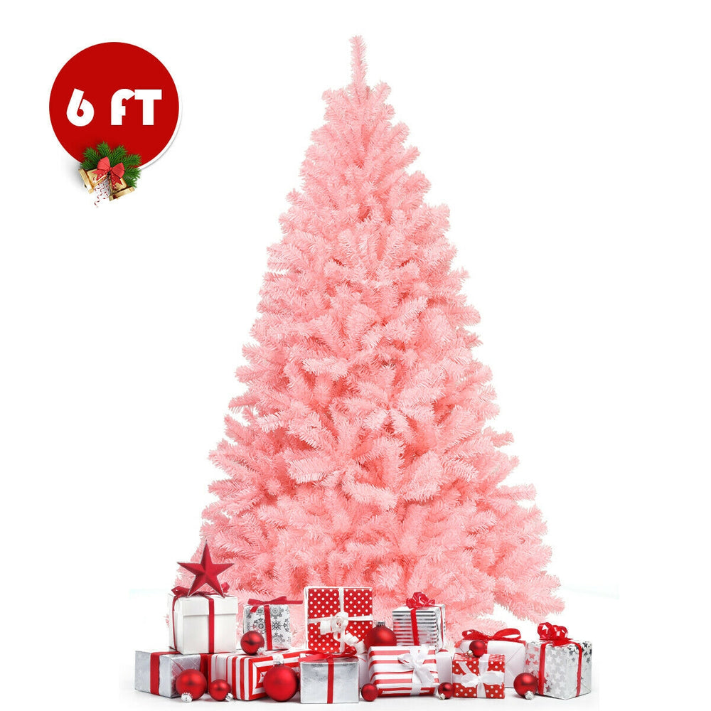 6-foot pink artificial Christmas tree with foldable metal stand, featuring lush branches and surrounded by festive.